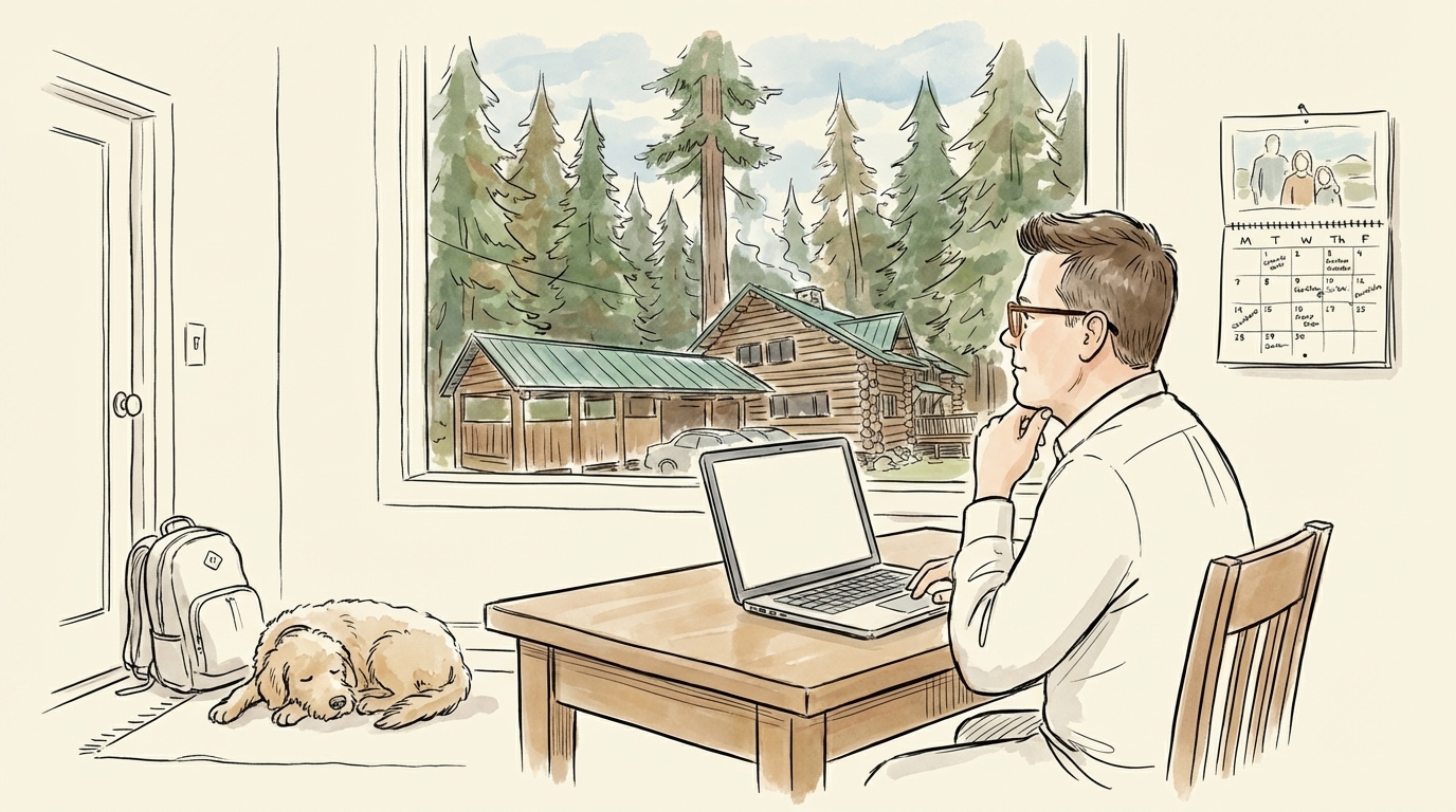 A man at a desk, looking out the window; thinking about life beyond the screen